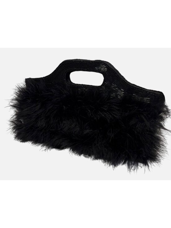 Ermo Handbags - Black Faux Fur Beaded Handle Evening Clutch Bag By Ermo